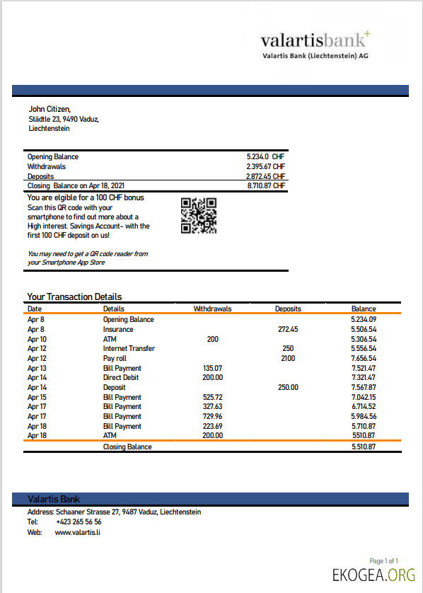 Modèle de relevé bancaire Liechtenstein Valartis au format Word et PDF